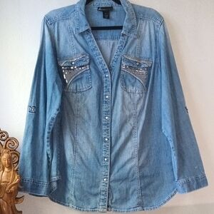 Denim Button-Up Shirt with Sequin Accents